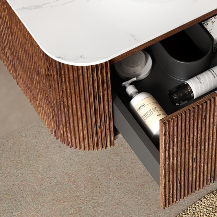 Dina 24" Bathroom Vanity With Sink, Wall Mounted Floating Curved Edges Striped Bathroom Storage Cabinet With Drawer, White Ceramic Basin Without Faucet, Pre Assembled, Dark Walnut Woodgrain Color