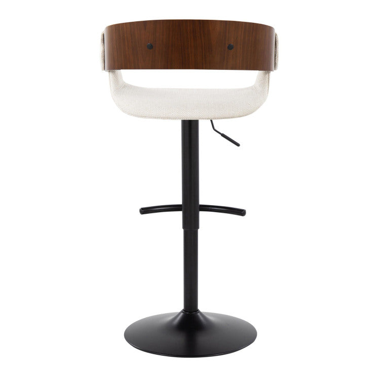 Elisa Mid Century Modern Adjustable Barstool With Swivel In Black Metal, Walnut Wood And Cream Fabric With Rounded T Footrest By Set Of 2