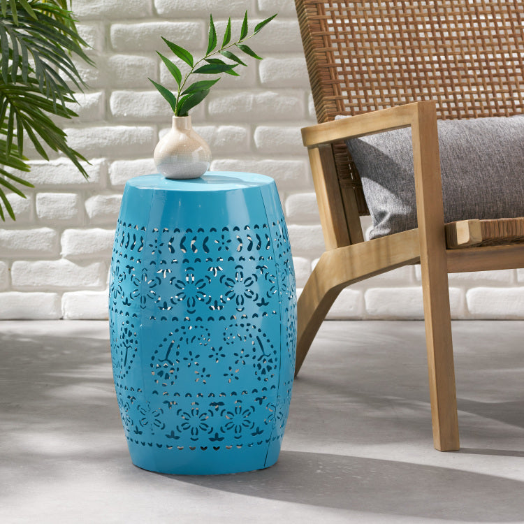Ruby Side Table, Lace Cut Metal End Table For Outdoor & Indoor Use, Barrel Shape Accent Table With No Assembly Needed For Garden, Patio, Living Room, Backyard Decor,Blue Color