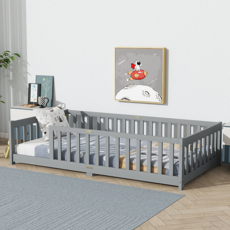 Twin Size Floor Bed With Fence Without Door, Rubber Wood Floor Bed With Safety Guardrails,Grey