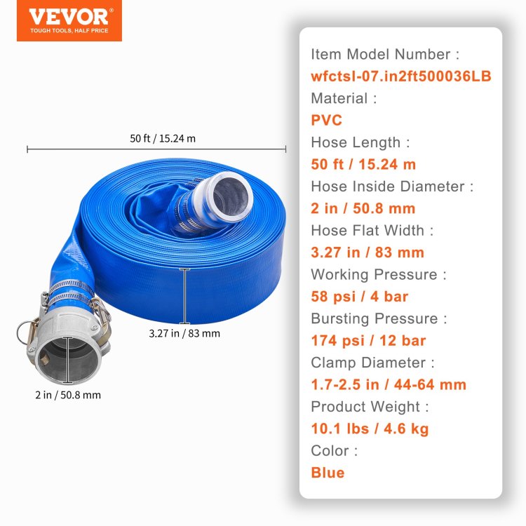 Backwash Hose, 2 In X 50 Ft, Heavy Duty Pvc Flat Pool Discharge Hose With Aluminum Camlock C & E Fittings, Clamps, Compatible With Pumps, Sand Filters, For Swimming Pools Waste Water Drain, Blue