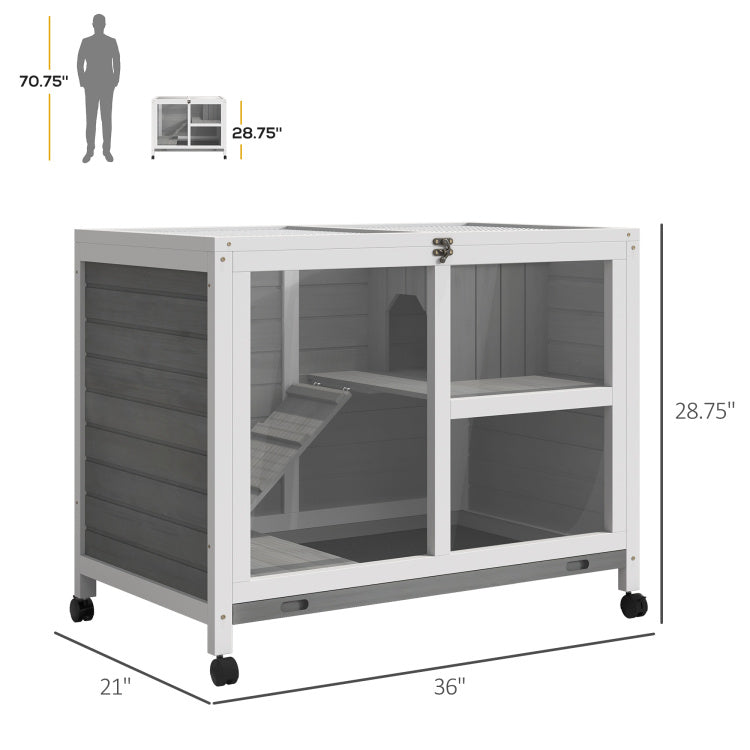 Pawhut Indoor Rabbit Hutch With Wheels, Desk And Side Table Sized, Wood Rabbit Cage, Waterproof Small Rabbit Cage, Gray