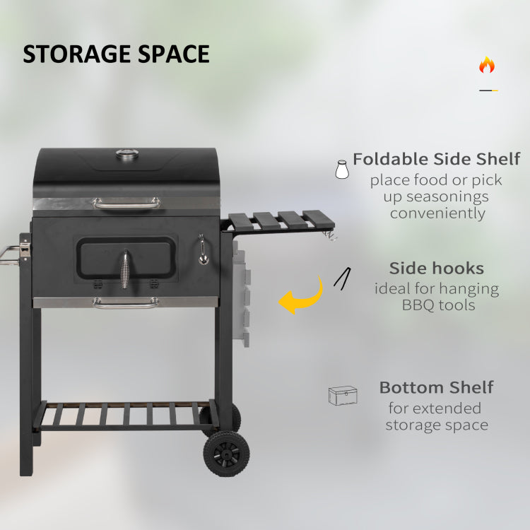 Outsunny Charcoal Bbq Grill, Outdoor Portable Cooker For Camping Or Backyard Picnic With Side Table, Bottom Storage Shelf, Wheels And Handle, Black