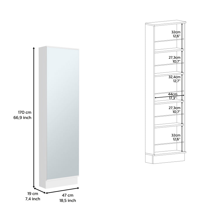 Shoe Rack 67" H, Five Internal Storage Shelves, A Mirror, A Door, Approximate Capacity Of 10 Pairs Of Shoes, White