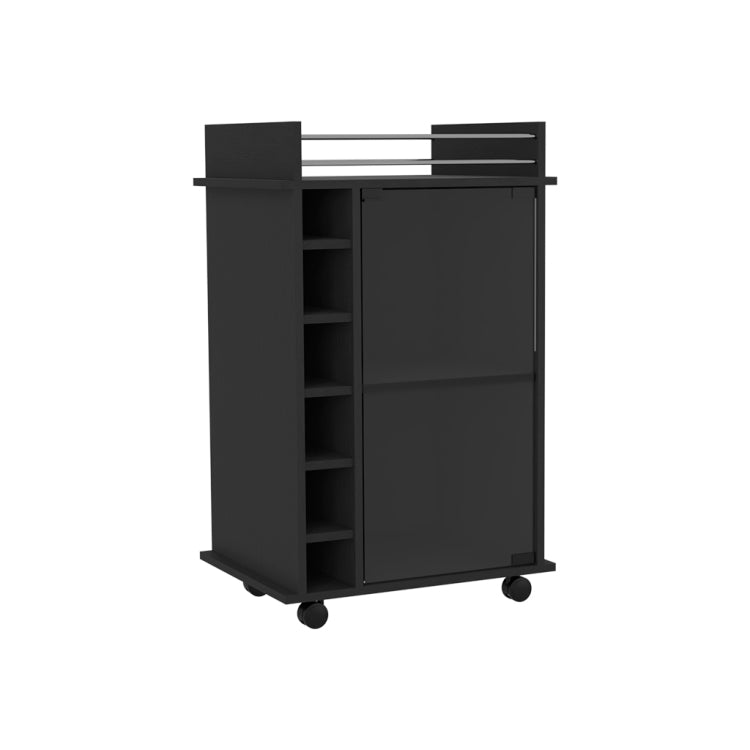 Bar Cart, Glass Door, Four Casters, Two Shelves, Black
