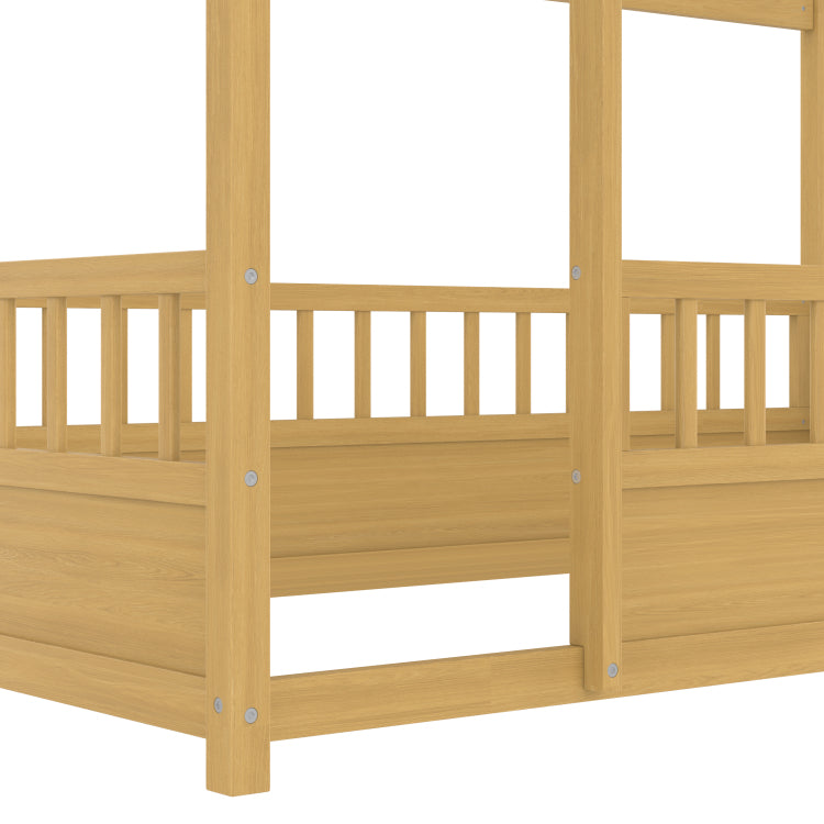 Twin Size Floor Wooden Bed With House Roof Frame, Fence Guardrails, Twin,Natural