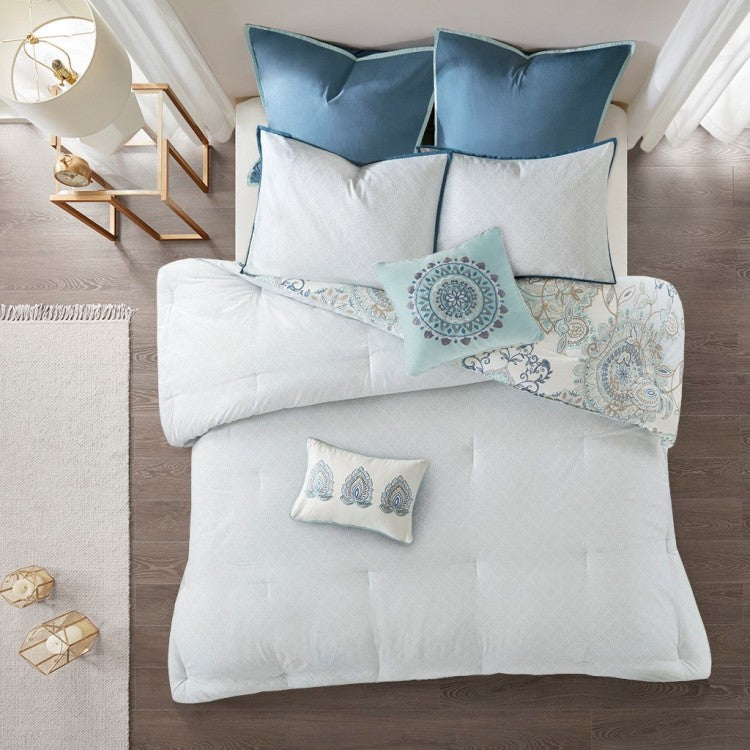8 Piece Cotton Floral Printed Reversible Comforter Set Blue Queen