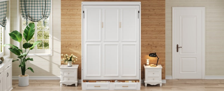 Full Size Murphy Bed With 2 Drawers, Beige