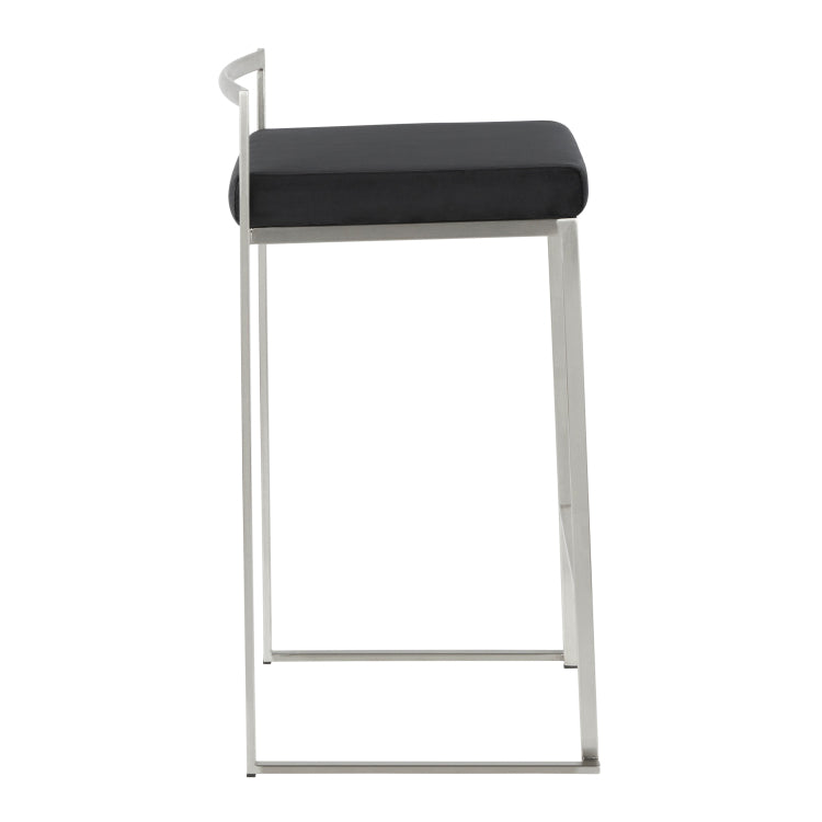 26" Contemporary Stackable Counter Stool In Stainless Steel With Black Velvet Cushion Set Of 3