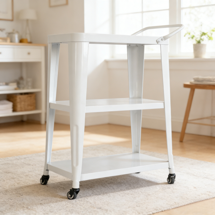 3 Tiered Metal Frame, Industrial Dining Cart With Swivel Wheels, White