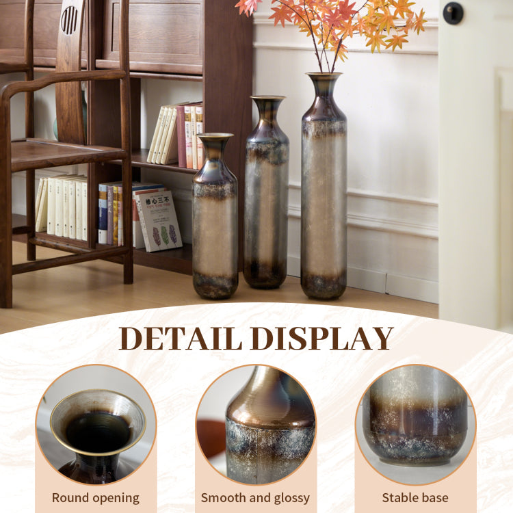 Hand Forged Metal Vases Set Of 3, Burnt Finish Rustic Floor Vases For Home Decor, 28.34 24.4 20.4 Inch Tall Flower Vases For Farmhouse Industrial Living Room