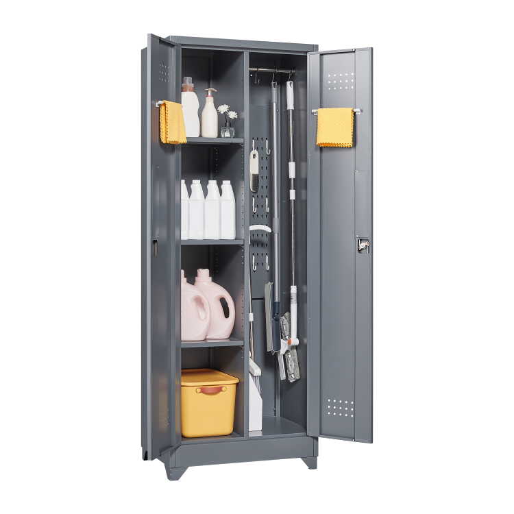 Broom Storage Cabinet With Locking Doors And Shelves, 65" H Metal Storage Cabinet With Hanging Rod & S Hooks, Cleaning Tool Storage Cabinet Grey