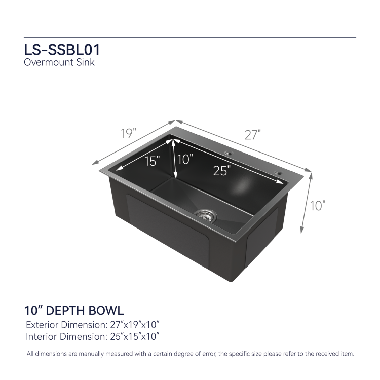 Stainless Steel Kitchen Sink, 27 X19 Single Bowl, Overmount Handmade Sink In Black, With Us Standard Drain And Hook, Ls Ssbl01