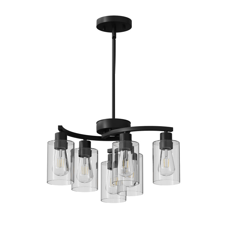 6 Light Modern Farmhouse Black Chandelier, Contemporary Dining Room Light Fixture, Adjustable Height Hanging Industrial Pendant Lights Kitchen Island, Clear Glass Shade