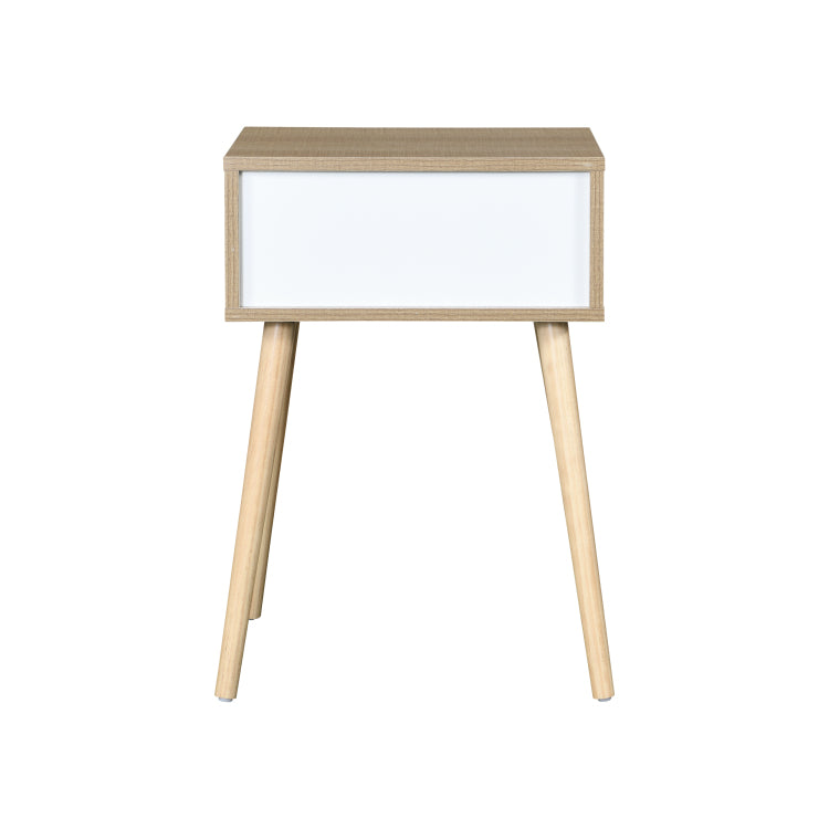 Side Table With 1 Drawer And Rubber Wood Legs, Mid Century Modern Storage Cabinet For Bedroom Living Room Furniture, White With Solid Wood Color