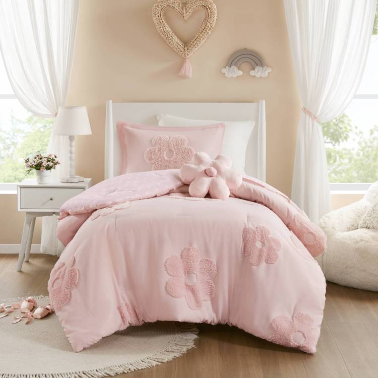 3 Piece Twin Floral Reversible Tufted Chenille Comforter Set With Flower Throw Pillow,Pink