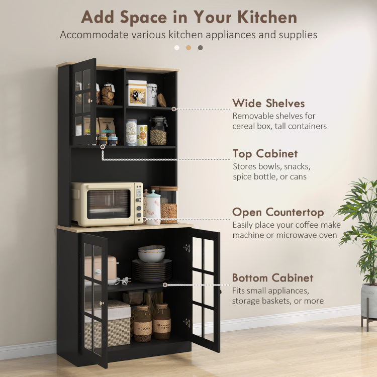 Homcom Kitchen Pantry Cabinet, 72" Freestanding Storage Cabinet With Hutch, Large Countertop, Glass Doors And Adjustable Shelves, Microwave Cabinet, Coffee Bar Cabinet For Dining Room, Black