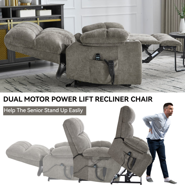 Brown Dual Motor Infinite Position Up To 350 Lbs Chenille Power Lift Recliner Chair, Heavy Duty Motion Mechanism With 8 Point Vibration Massage And Lumbar Heating, Dual Cup Holders