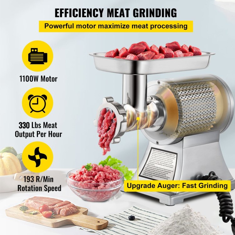 Commercial Meat Grinder,550Lb H 1100W Electric Meat Grinder, 220 Rpm Heavy Duty Stainless Steel Industrial Meat Mincer W 2 Blades, Grinding Plates & Stuffing Tubes