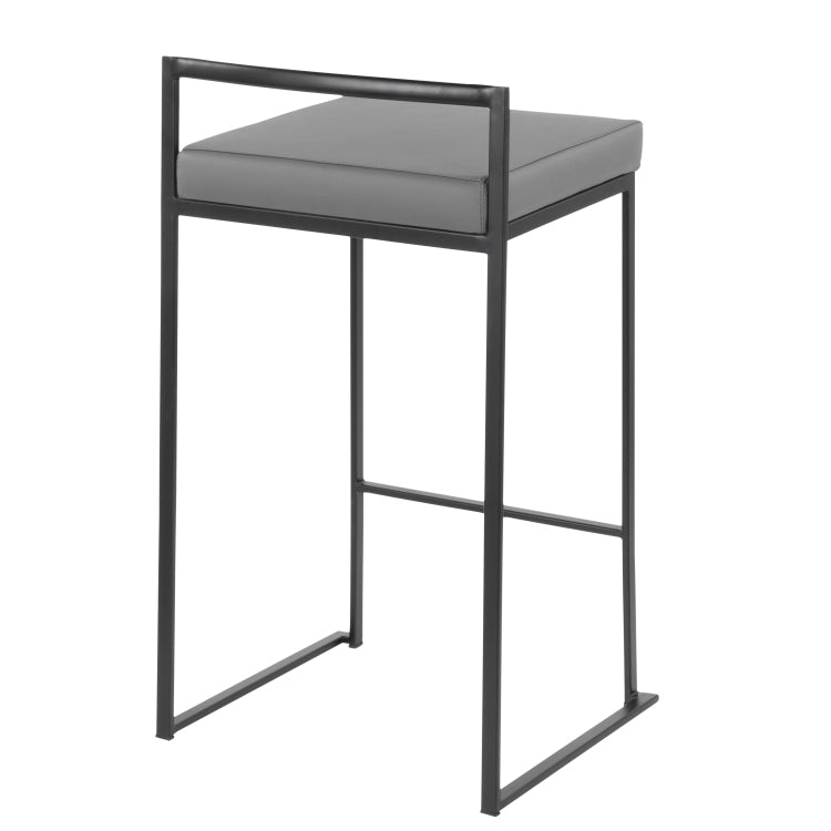 Contemporary Stackable Counter Stool In Black With Grey Faux Leather Cushion Set Of 2