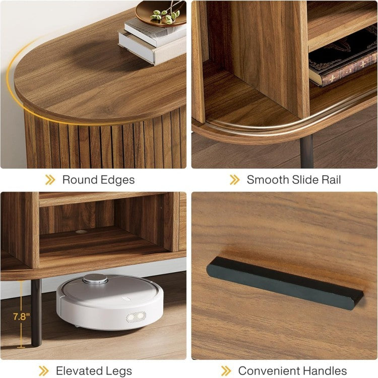 70.87" Walnut Mid Century Modern Fluted Tv Stand With Tambour Sliding Doors For Living Room