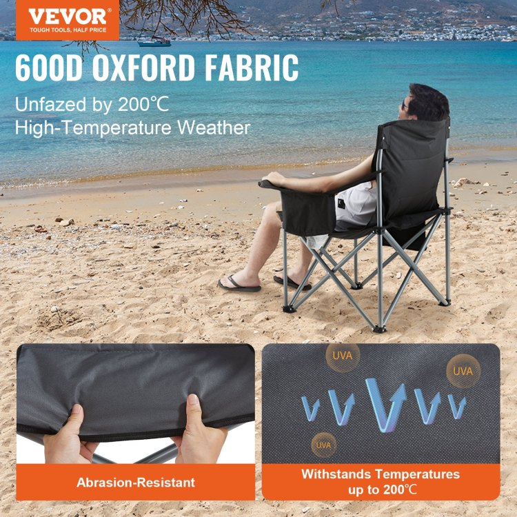 Camping Folding Chair For Adults, Portable Heavy Duty Outdoor Quad Lumbar Back Padded Arm Chairs With Side Pockets, Cup Holder And Cooler Bag For Beach, Lawn, Picnic, Fishing, Backpacking, Black
