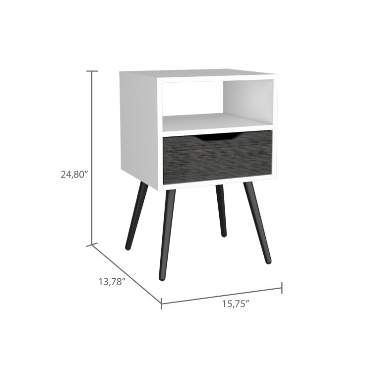 Nightstand 25"H, Superior Top, Four Legs, One Open Shelf, One Drawer, Smokey Oak White