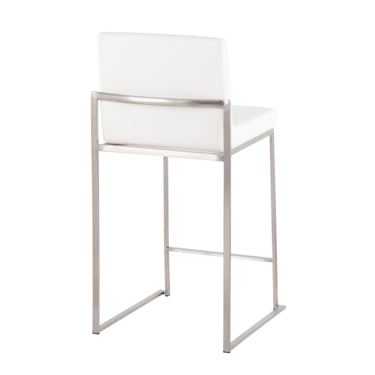 26" Contemporary High Back Counter Stool In Stainless Steel And White Faux Leather Set Of 3