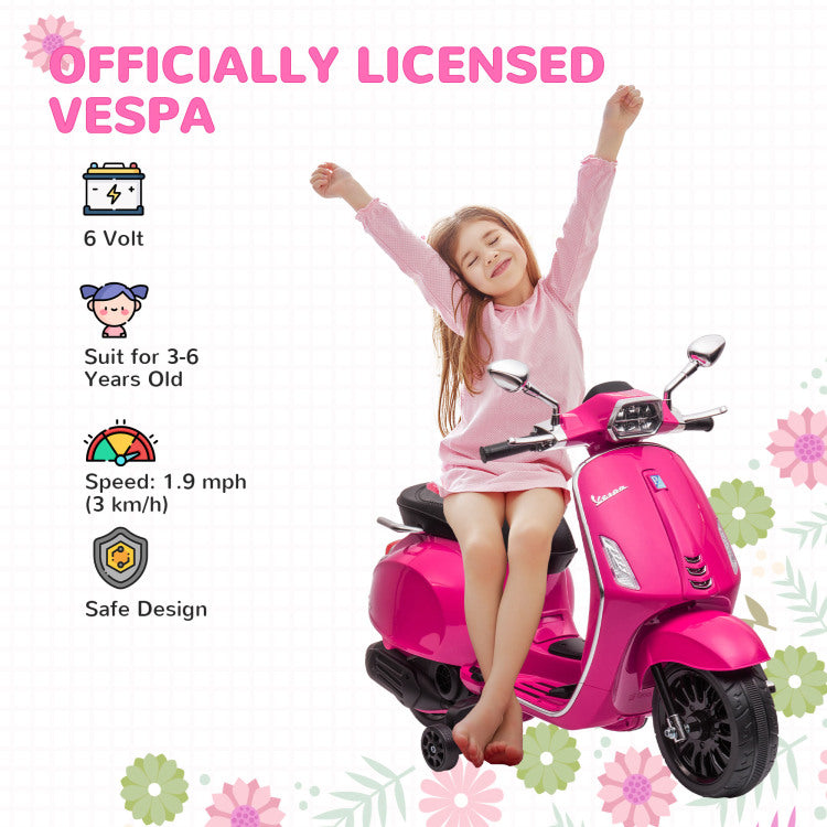 Qaba Vespa Licensed Electric Motorcycle For Kids, 6V Toddler Motorcycle, Battery Operated Motorbike For Kids With Music, Fm Radio, Headlight, Single Button Start For 3 6 Years, Pink