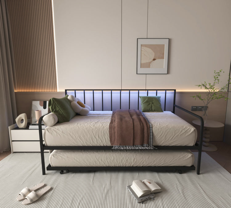 Twin Daybed With Rgb Led Lights & Charging Station, Height Adjustable Day Bed Frame With Trundle, Versatile Metal Sofa Bed Frame For Bedroom, Living Room, Guest Room, Black