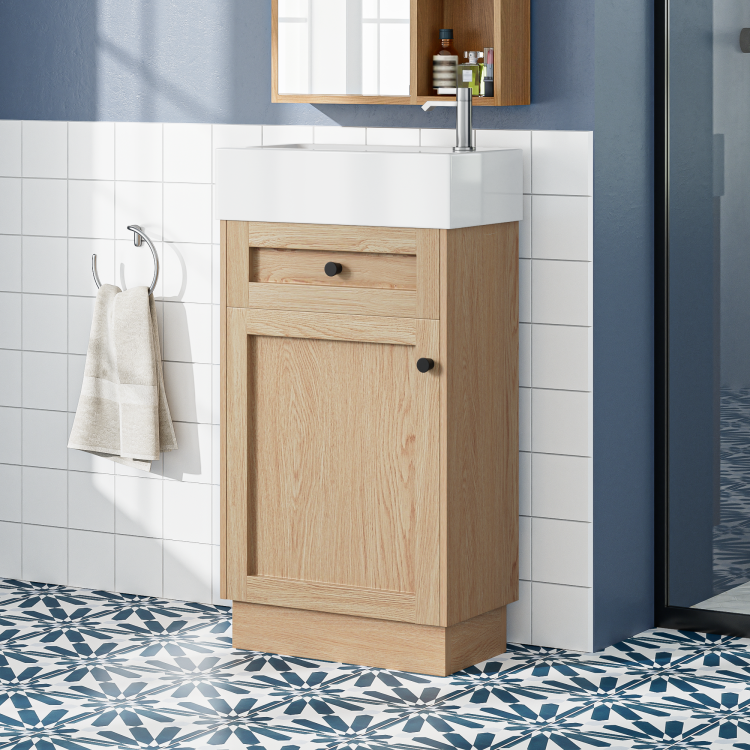 18.5" Bathroom Vanity With Reversible Resin Sink, Mdf Cabinet With Adjustable Shelf And Elegant Zinc Alloy Handles, Wood Grain Melamine Finish, Reversible Door, Rustic Style For Small Spaces