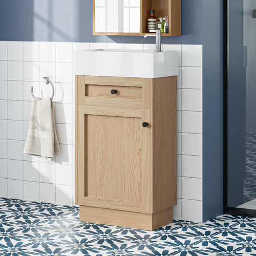 18.5" Bathroom Vanity With Reversible Resin Sink, Mdf Cabinet With Adjustable Shelf And Elegant Zinc Alloy Handles, Wood Grain Melamine Finish, Reversible Door, Rustic Style For Small Spaces