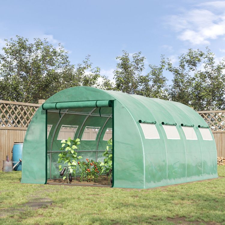 Outsunny 13' X 10' X 6.5' Walk In Tunnel Greenhouse With 2 Zippered Mesh Doors & 10 Mesh Windows, Upgraded Gardening Plant Hot House With Galvanized Steel Hoops, Green