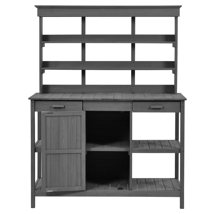 66'' Large Outdoor Farmhouse Wooden Potting Bench Table, Garden Workstation With 2 Drawers,Cabinet And Open Shelves For Backyard, Mudroom, Gray