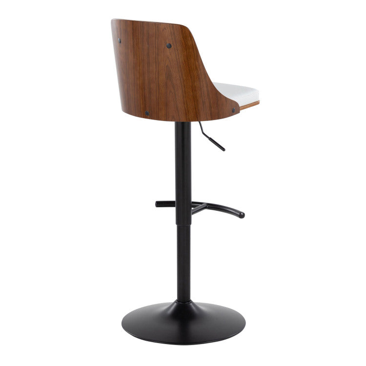 Mid Century Modern Adjustable Barstool With Swivel In Black Metal, Walnut Wood And White Faux Leather With Rounded T Footrest Set Of 2