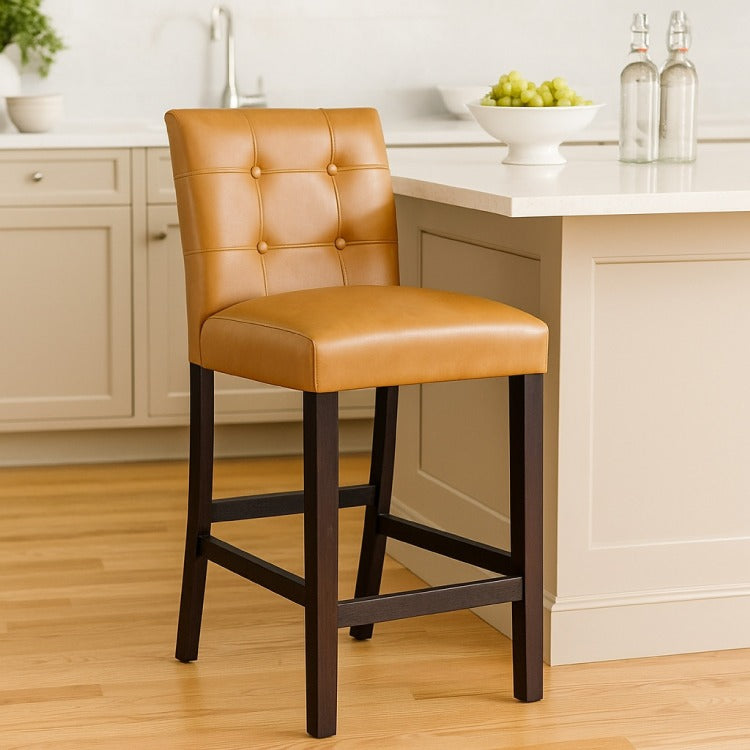 Popa Counter Stool Chair Set Of 2, Brown Faux Leather, Tufted Back