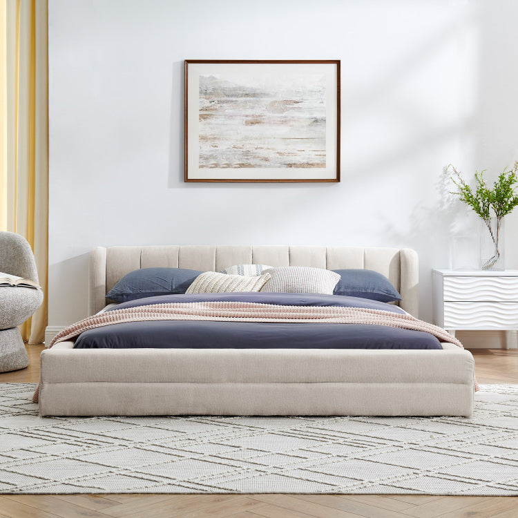 Queen Size Upholstered Bed Frame With Thick Fabric, Chenille Fabric Grounded Queen Size Platform Bed With Headboard And Solid Frame Beige 87''*67''*23.5''