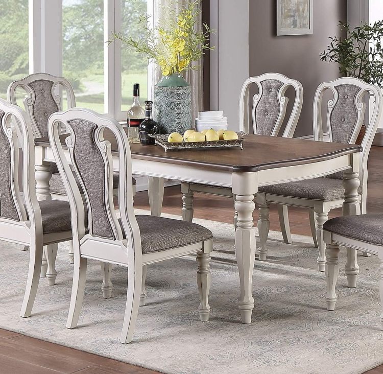 Transitional Style 7Pc Dining Set Dining Table W Oak Top 6Xside Chairs Cushion Seat Antique White Kitchen Dining Room