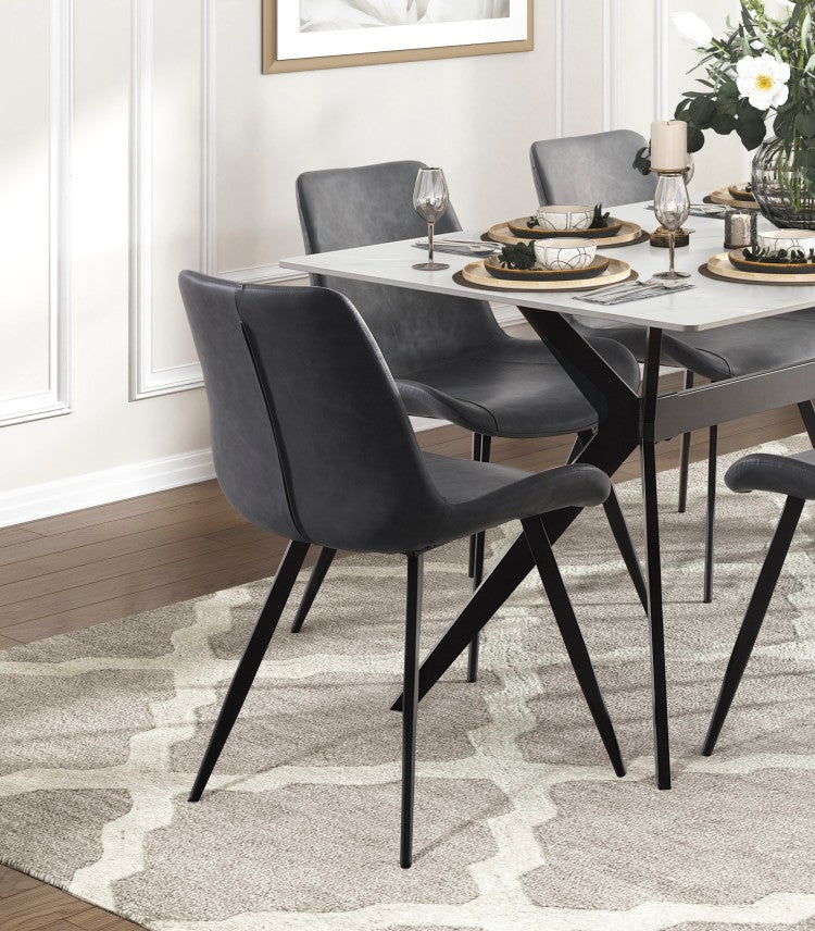 Modern Design Dining Chairs 2Pc Set Gray Faux Leather Upholstery Black Metal Legs Kitchen Dining Furniture
