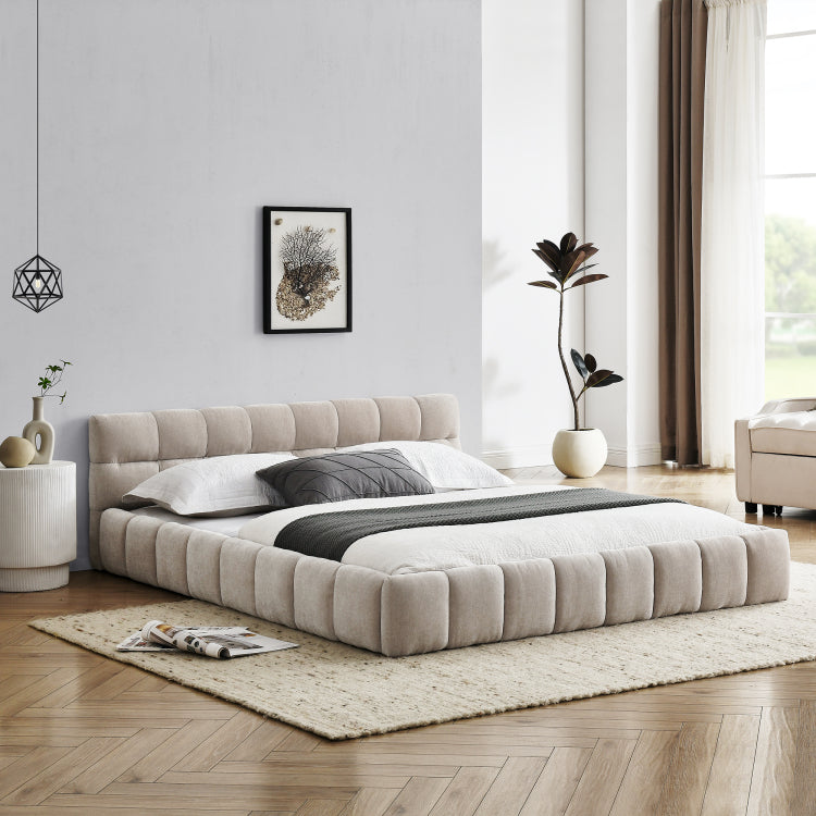 Queen Size Upholstered Bed Frame With Thick Fabric, Chenille Fabric Grounded Queen Size Platform Bed With Headboard And Solid Frame. No Box Spring Needed, Beige 68''*86.5''*23.5''