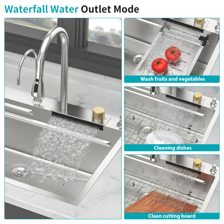 33" Drop In Waterfall Kitchen Sink 33*22*10 Inch Single Bowl 16 Gauge Stainless Steel Ledge Workstation Kitchen Sinks With Pull Down Faucet & Cup Washer