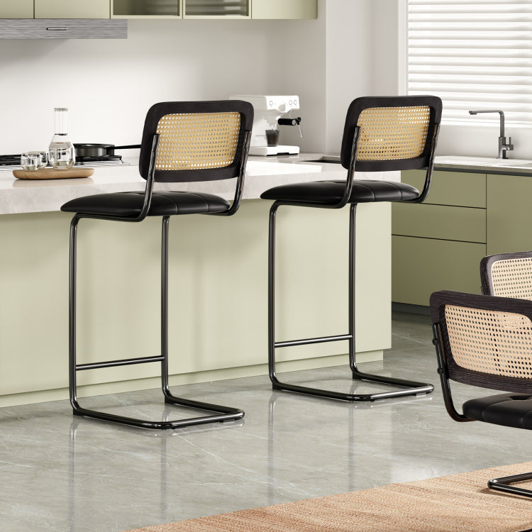 Counter Height Bar Stools Set Of 2, Upholstered Pu Leather Barstools With Rattan Back, 30 Inch Stools Armless Bar Chairs For Kitchen Island, Black