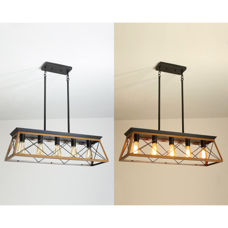 32" Walnut Industrial 5 Light Pendant Chandelier, Modern Metal Cage Design, Adjustable Hanging Light For Dining Room, Kitchen, Living Room No Bulbs