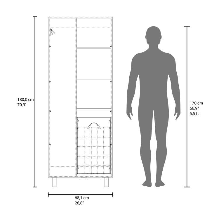 Iris 71" High Two Door Broom Closet With Hamper, Four Shelves, Hangers, Storage Closet, Pantry Cabinet
