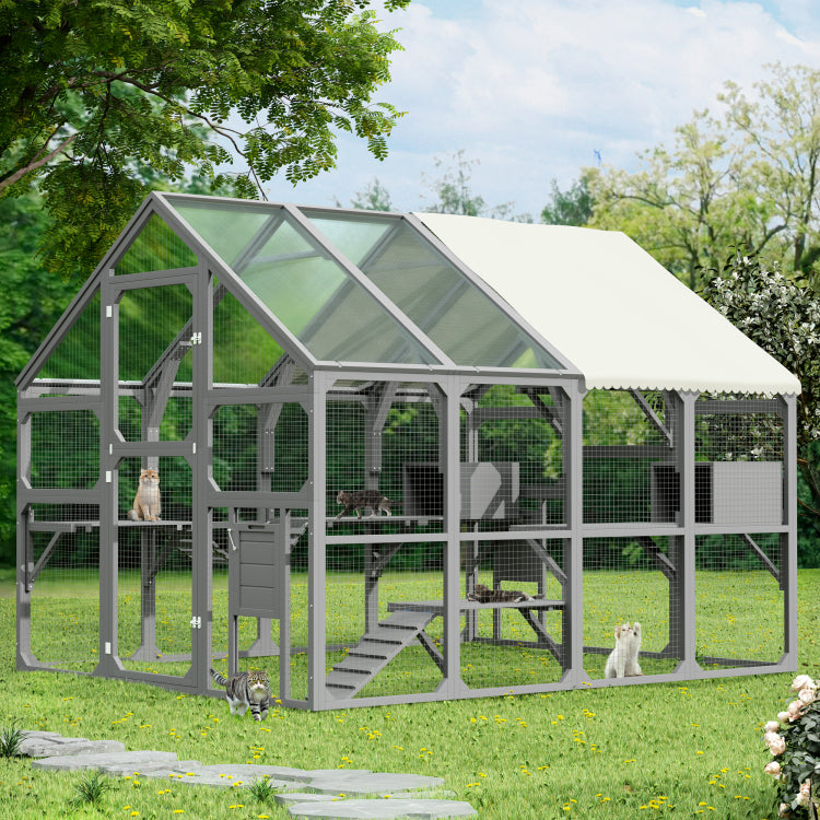 Large Catio Outdoor Cat Enclosure For Multiple Kittens, Wooden Cat House With 7 Platforms, 2 Resting Boxes, 1 Bridge And 1 Ramp, Walk In Kitty Cage Kennel With Sunshine Board Roof, Gray