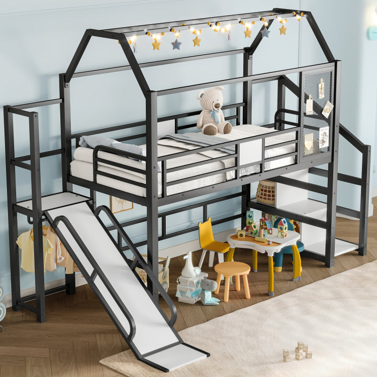 Twin House Loft Bed With Slide And Stairs, Metal Playhouse Bed With Storage Shelves, House Shaped Roof And Noise Free Design, Black