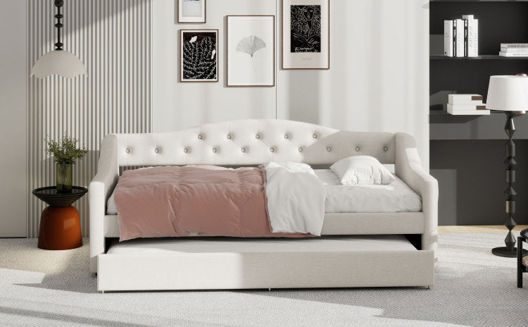 Upholstered Twin Xl Size Daybed With Led Belt And Trundle, Beige