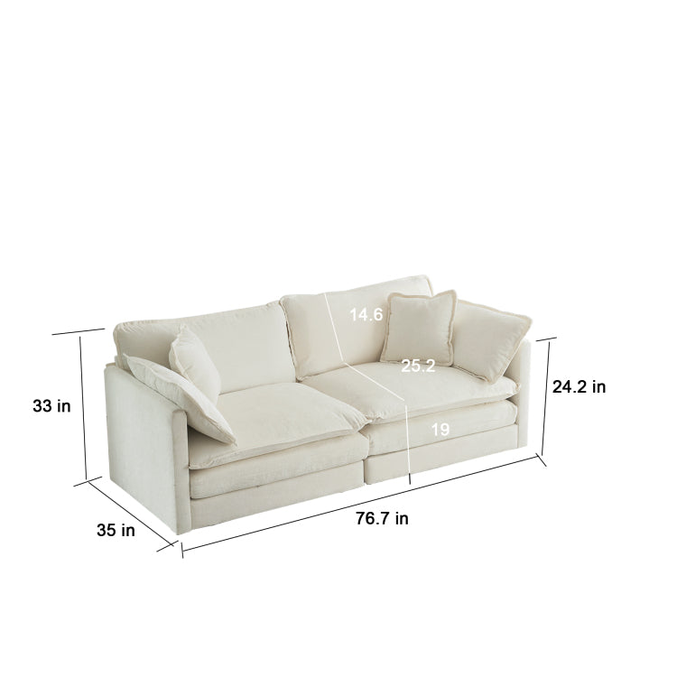 4 Piece Upholstered Sectional Sofa, 1 Piece Of 2 Seater Sofa And 2 Piece Of Ottomans , 2 Seater Loveseat Lounge With Ottomans , White Chenille