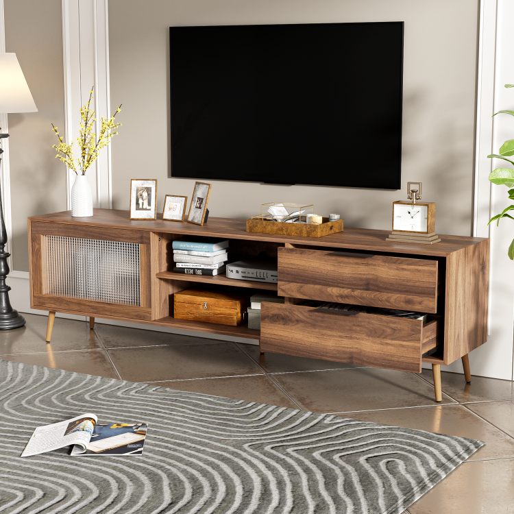 Modern Tv Stand For 75" Tv, Tv Console With 2 Glass Doors, Entertainment Center With 2 Drawers & Storage Cabinet, 70" Media Console Table For Living Room, Bedroom