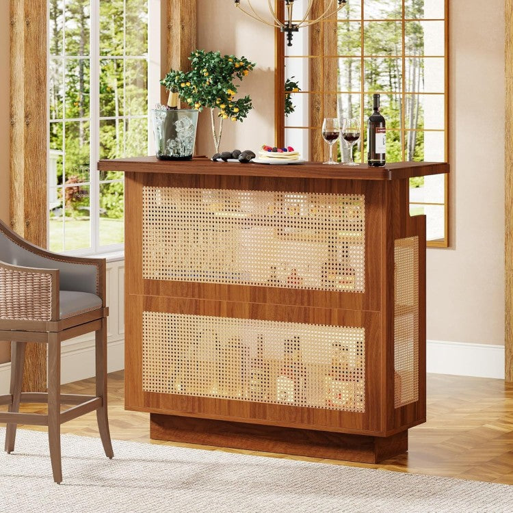 47.24 Inches Farmhouse Caramel Brown Rattan Home Bar Unit, 4 Tier Liquor Cabinet With Stemware Racks For Living Room